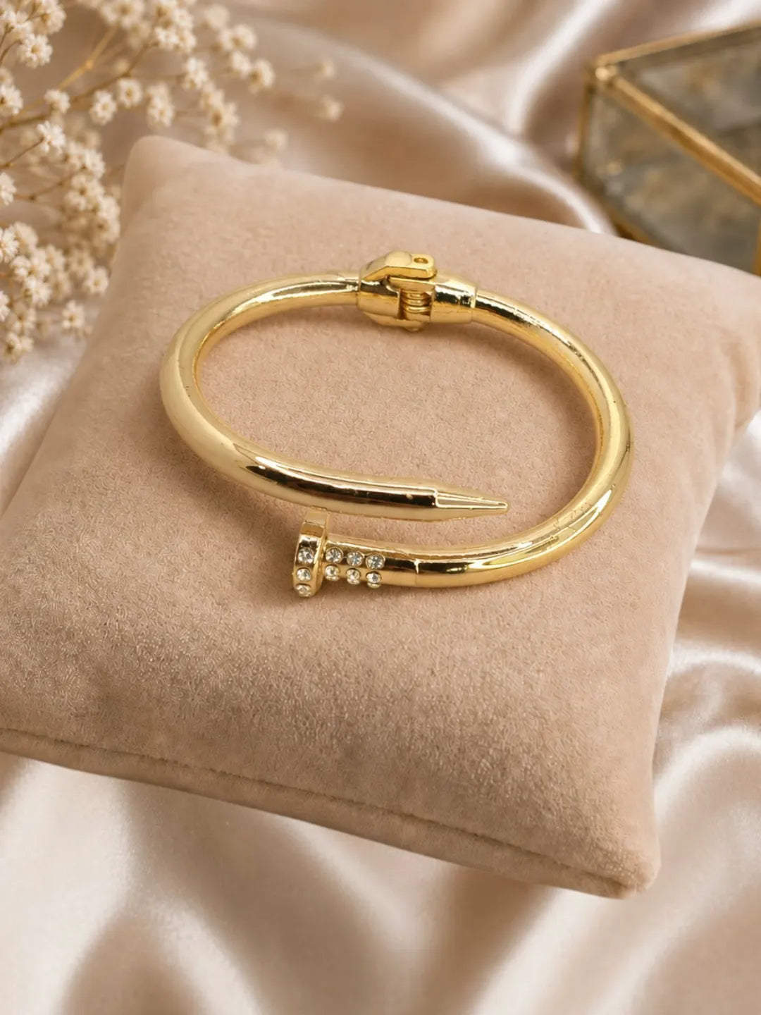 Anti-Tarnish Gold-Toned CZ Studded Nail Design Cuff Bracelet
