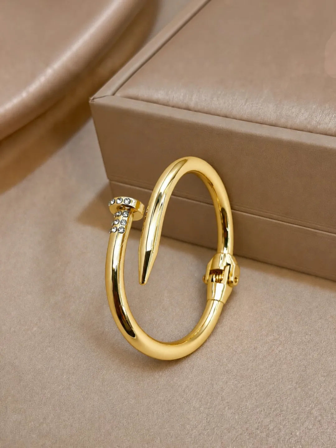 Anti-Tarnish Gold-Toned CZ Studded Nail Design Cuff Bracelet