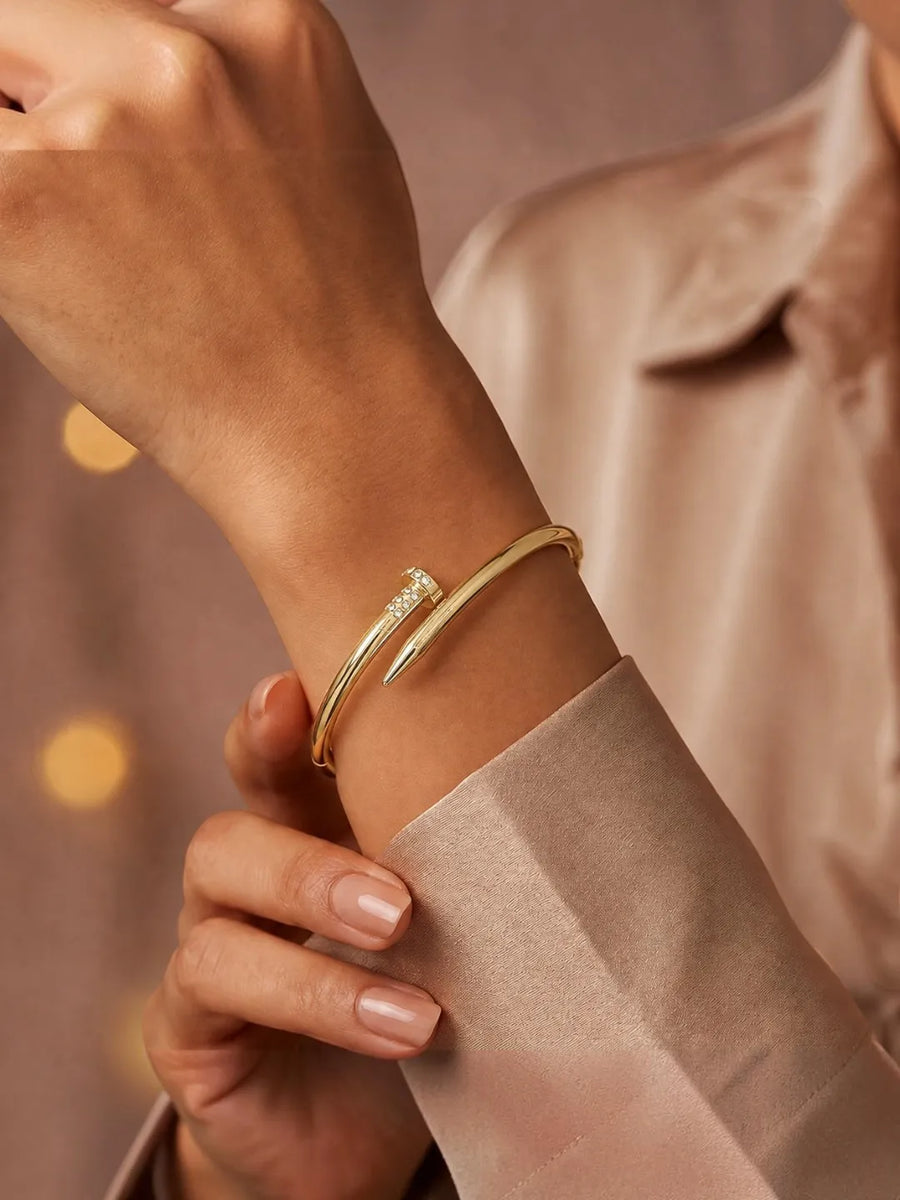 Anti-Tarnish Gold-Toned CZ Studded Nail Design Cuff Bracelet
