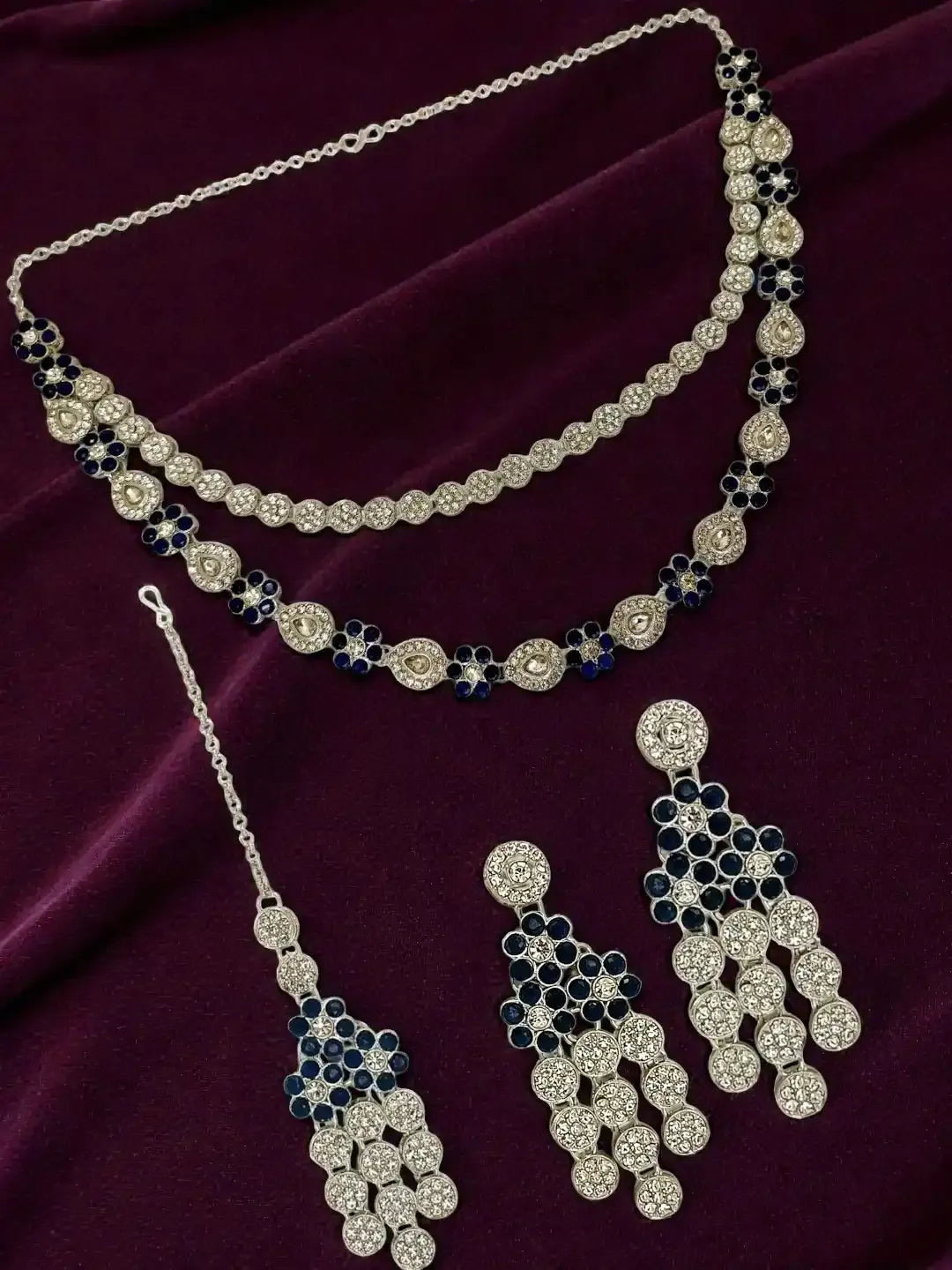 Silver-Plated Blue Stone Studded Jewellery Set