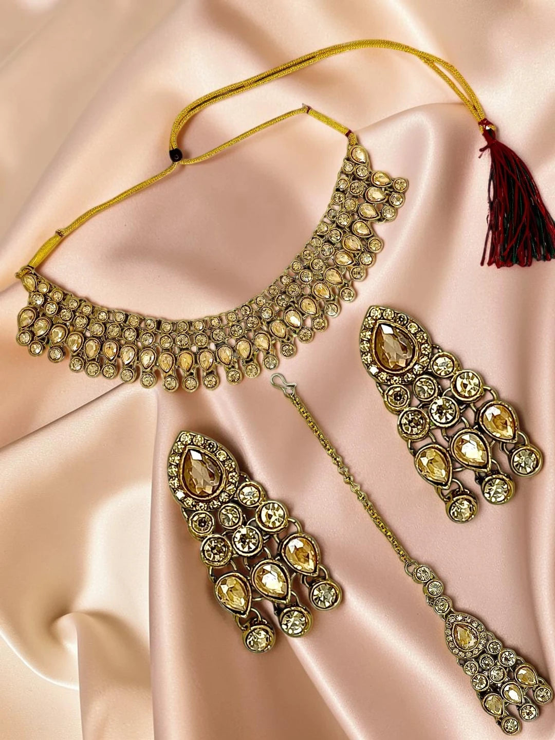 Antique Gold Plated Champagne Stone Necklace Maang Tikka Set