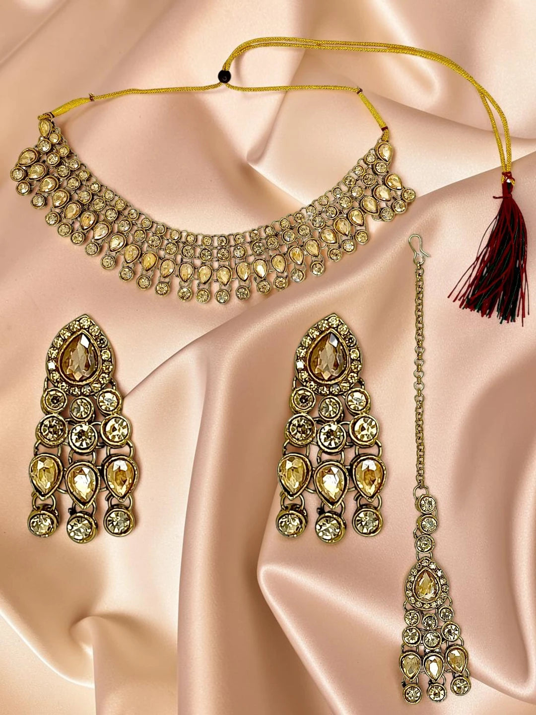 Antique Gold Plated Champagne Stone Necklace Maang Tikka Set