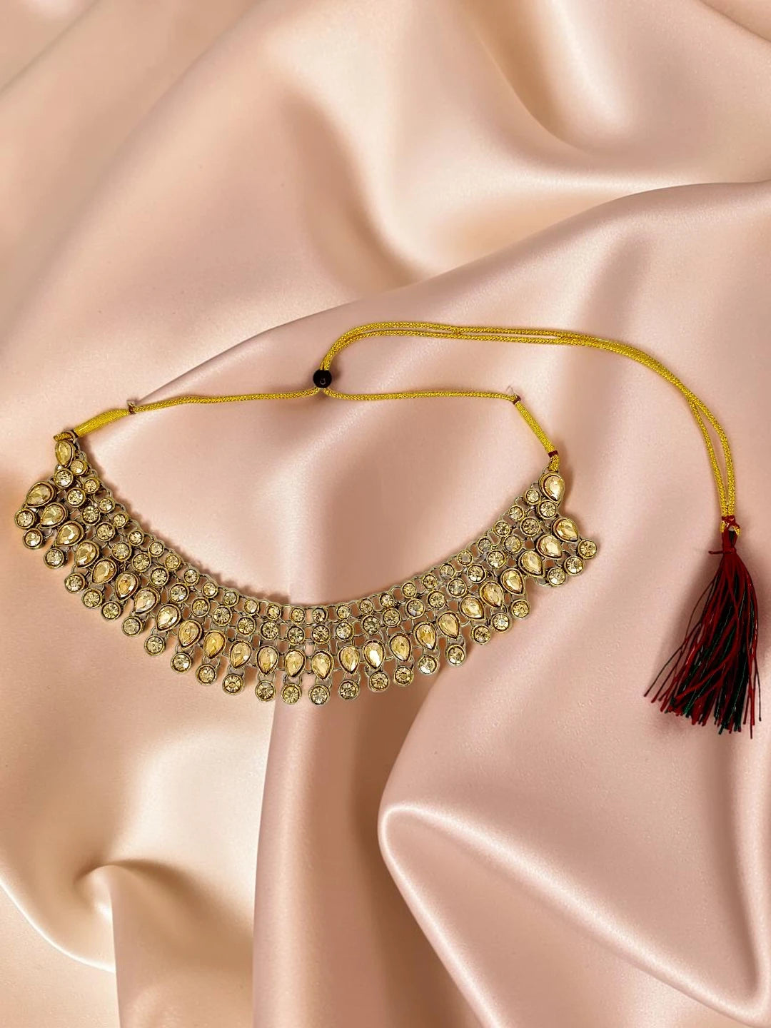 Antique Gold Plated Champagne Stone Necklace Maang Tikka Set