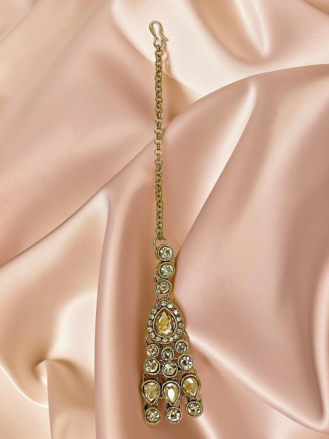 Antique Gold Plated Champagne Stone Necklace Maang Tikka Set