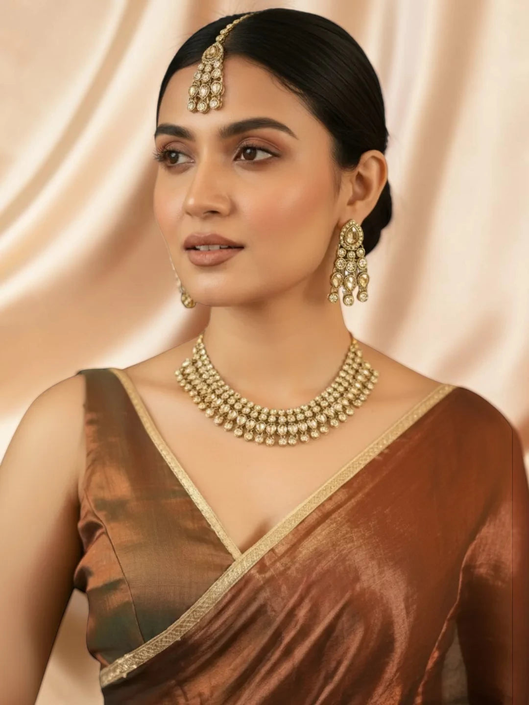Antique Gold Plated Champagne Stone Necklace Maang Tikka Set