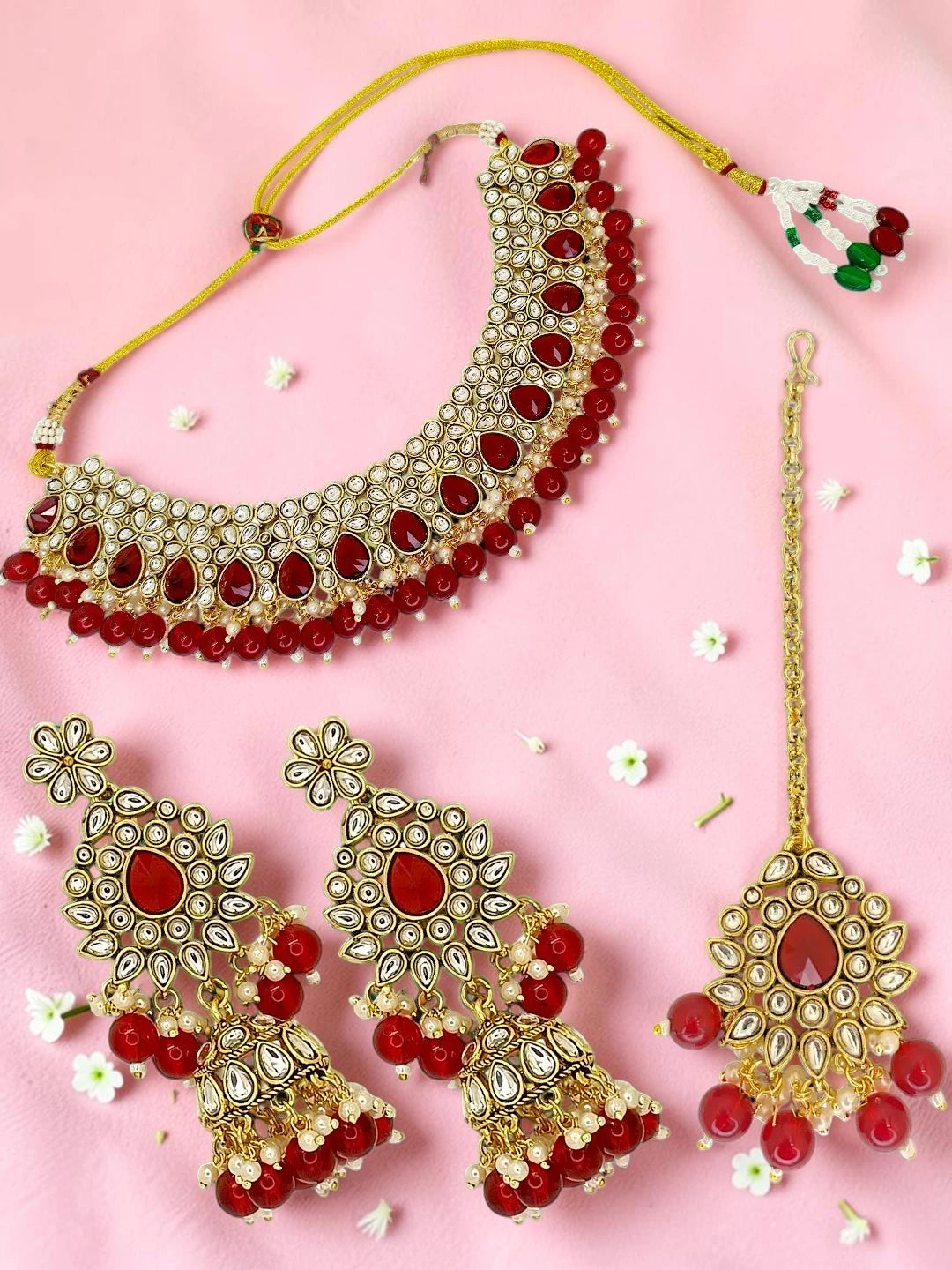 Gold Plated Kundan Red Bridal Necklace Maang Tikka Set