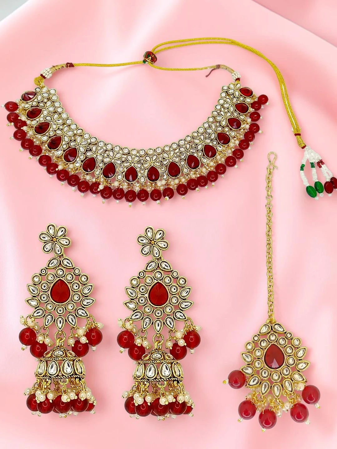 Gold Plated Kundan Red Bridal Necklace Maang Tikka Set