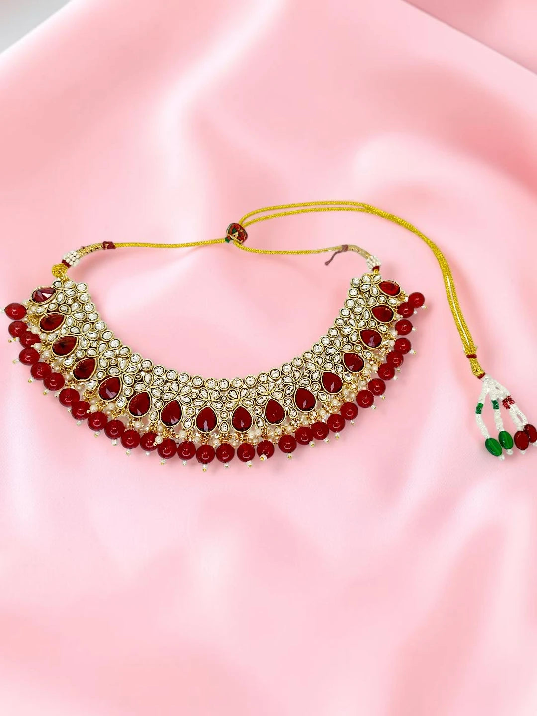Gold Plated Kundan Red Bridal Necklace Maang Tikka Set