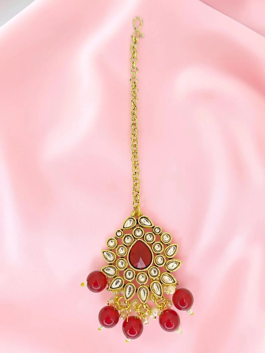 Gold Plated Kundan Red Bridal Necklace Maang Tikka Set