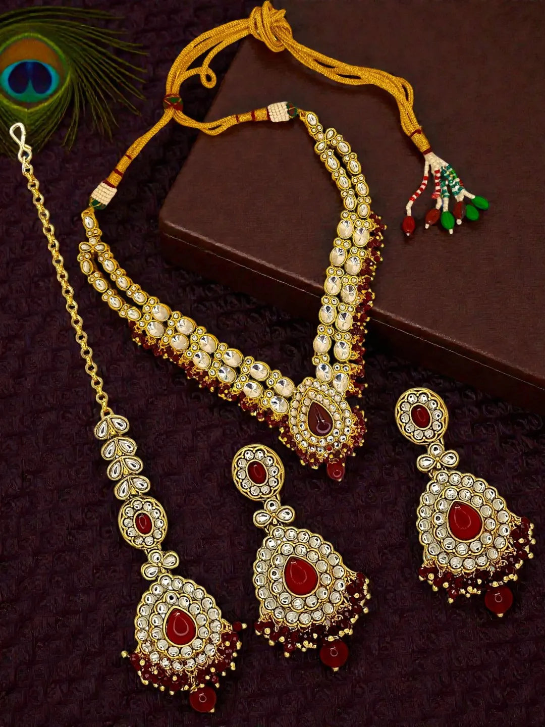 Gold-Plated Kundan Studded & Beaded Double Line Long Jewellery Set