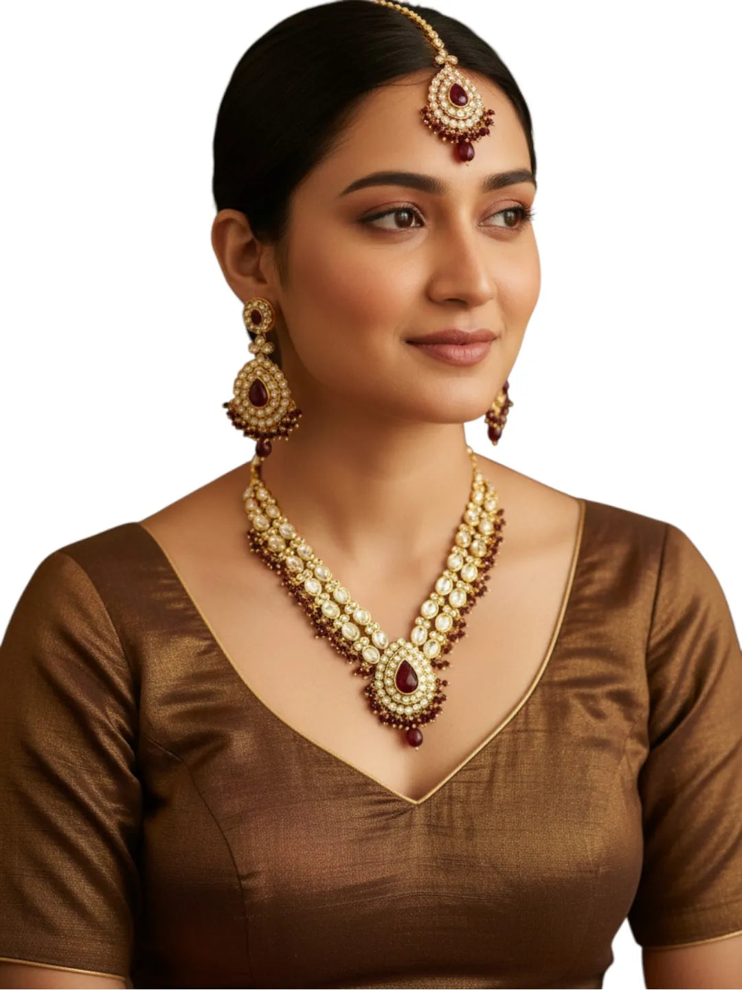 Gold-Plated Kundan Studded & Beaded Double Line Long Jewellery Set