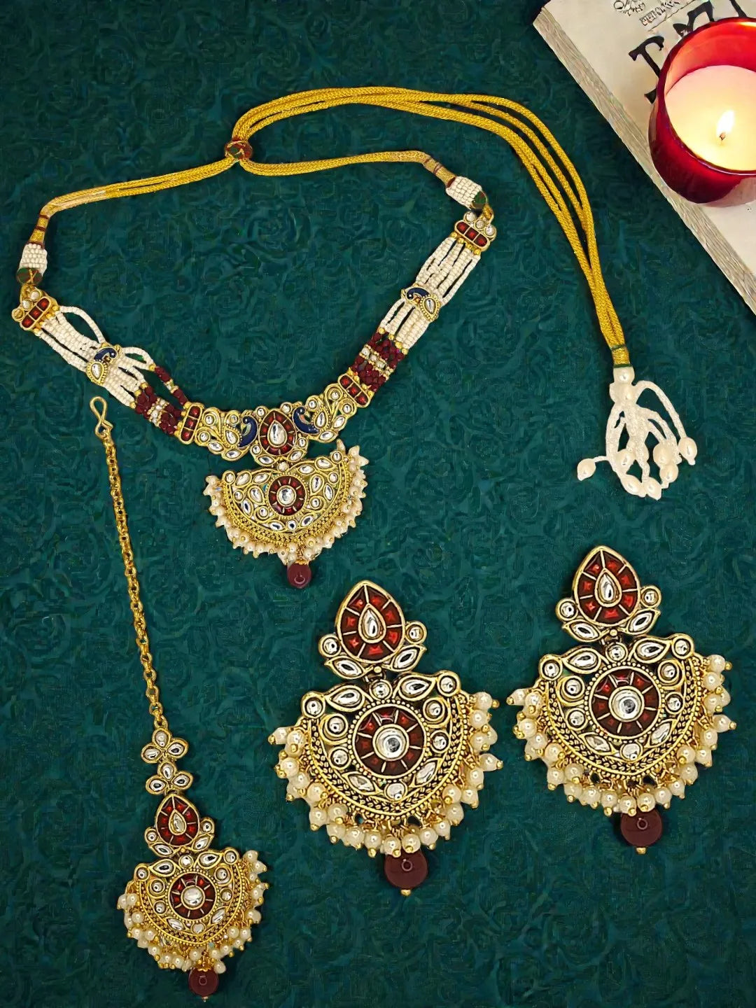 Gold-Plated Kundan Studded & Beaded Peacock Jewellery Set