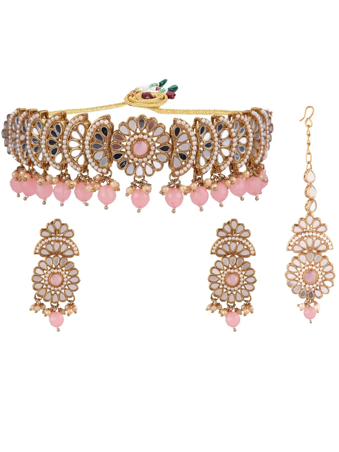 Mirror & Pink Beads Jewellery Set