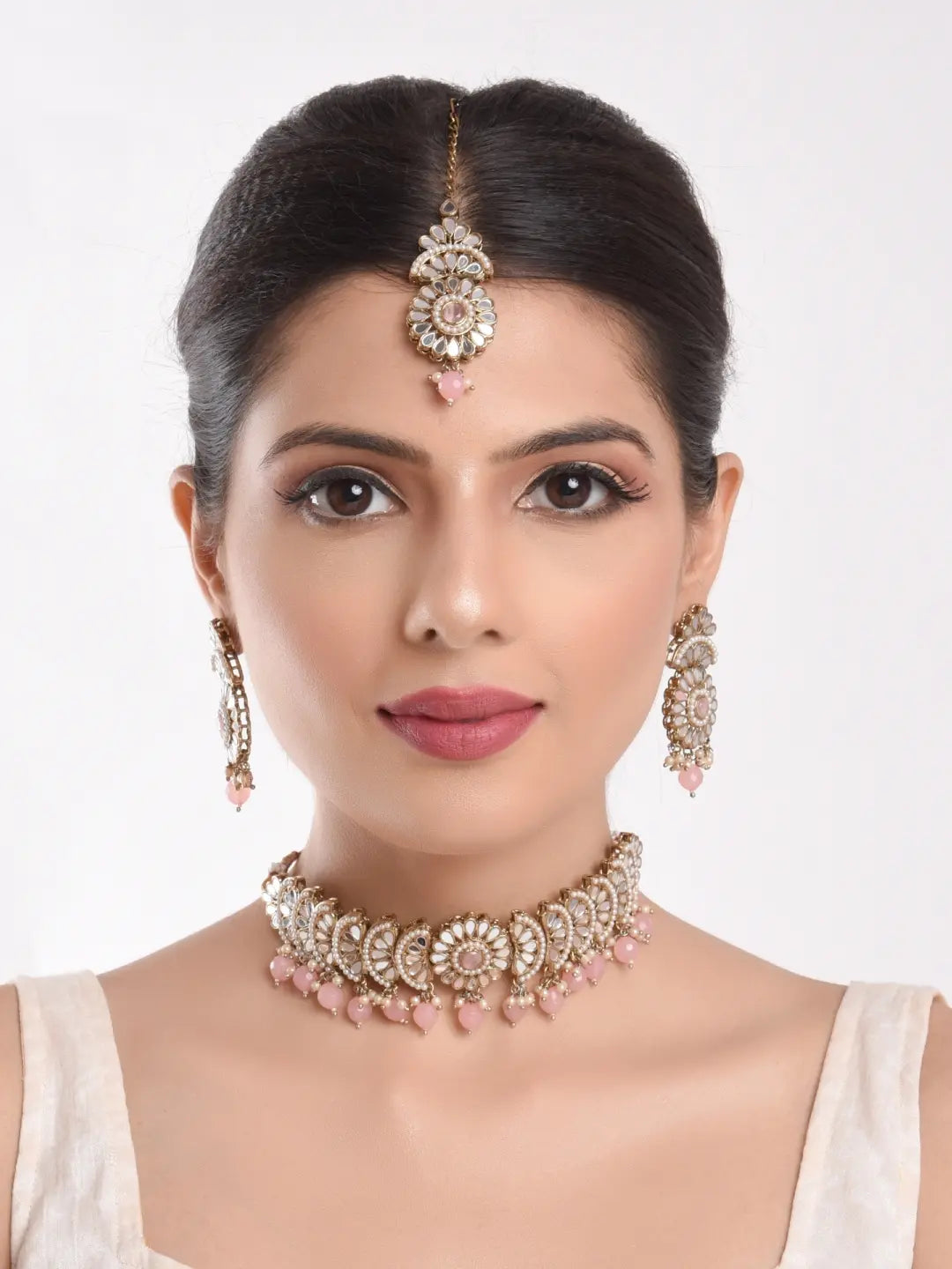 Mirror & Pink Beads Jewellery Set