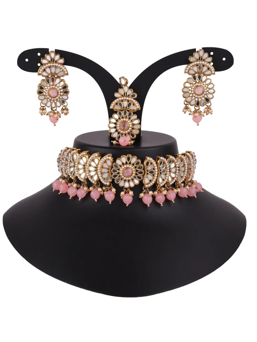 Mirror & Pink Beads Jewellery Set