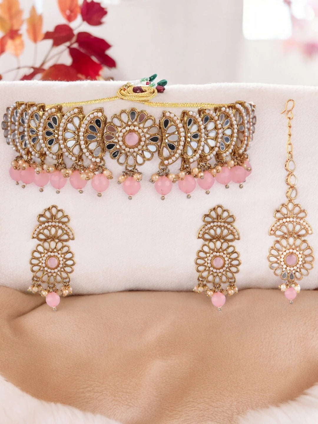 Mirror & Pink Beads Jewellery Set