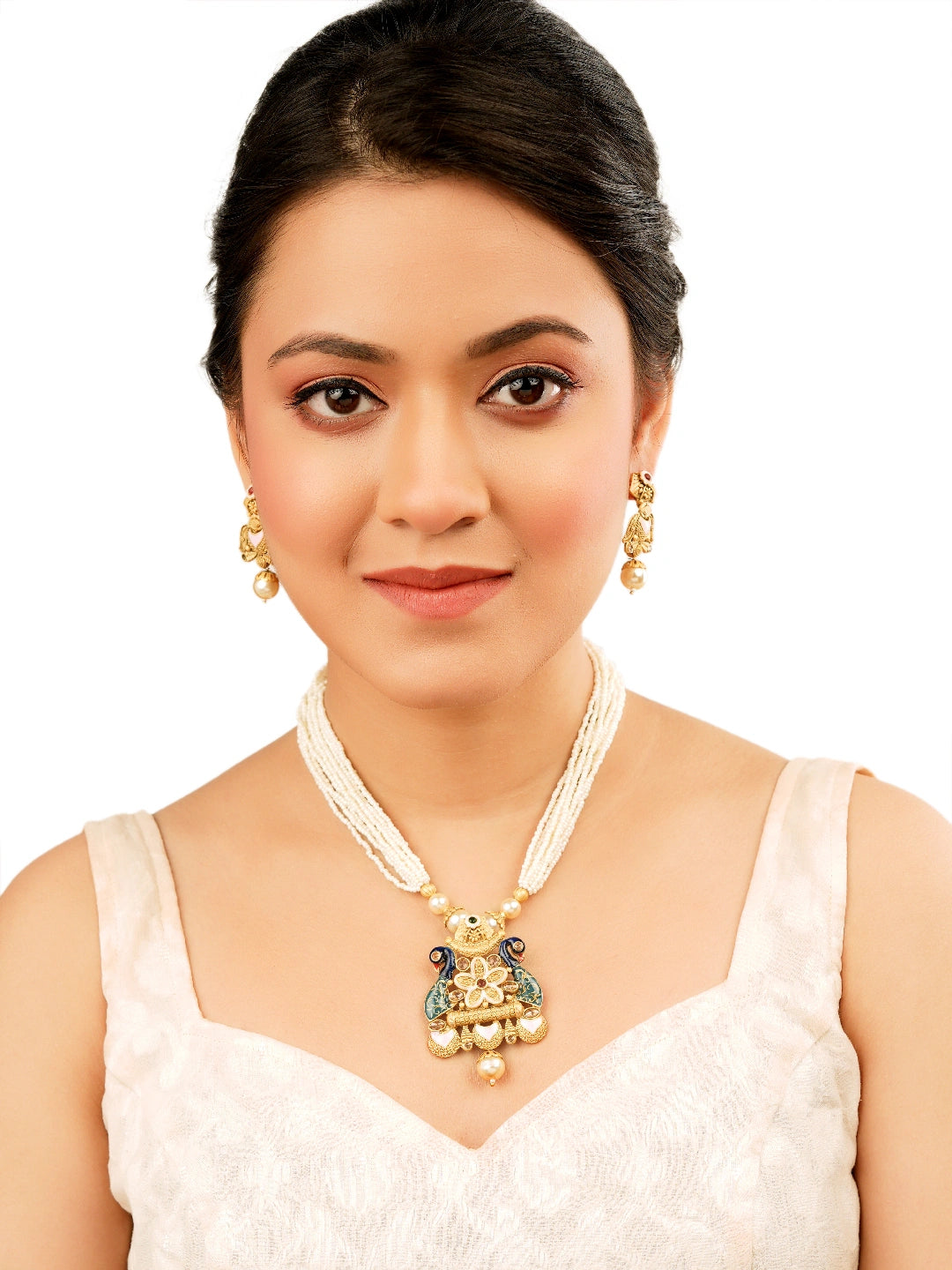 Pearl Gold Plated Peacock Bloom Necklace Set