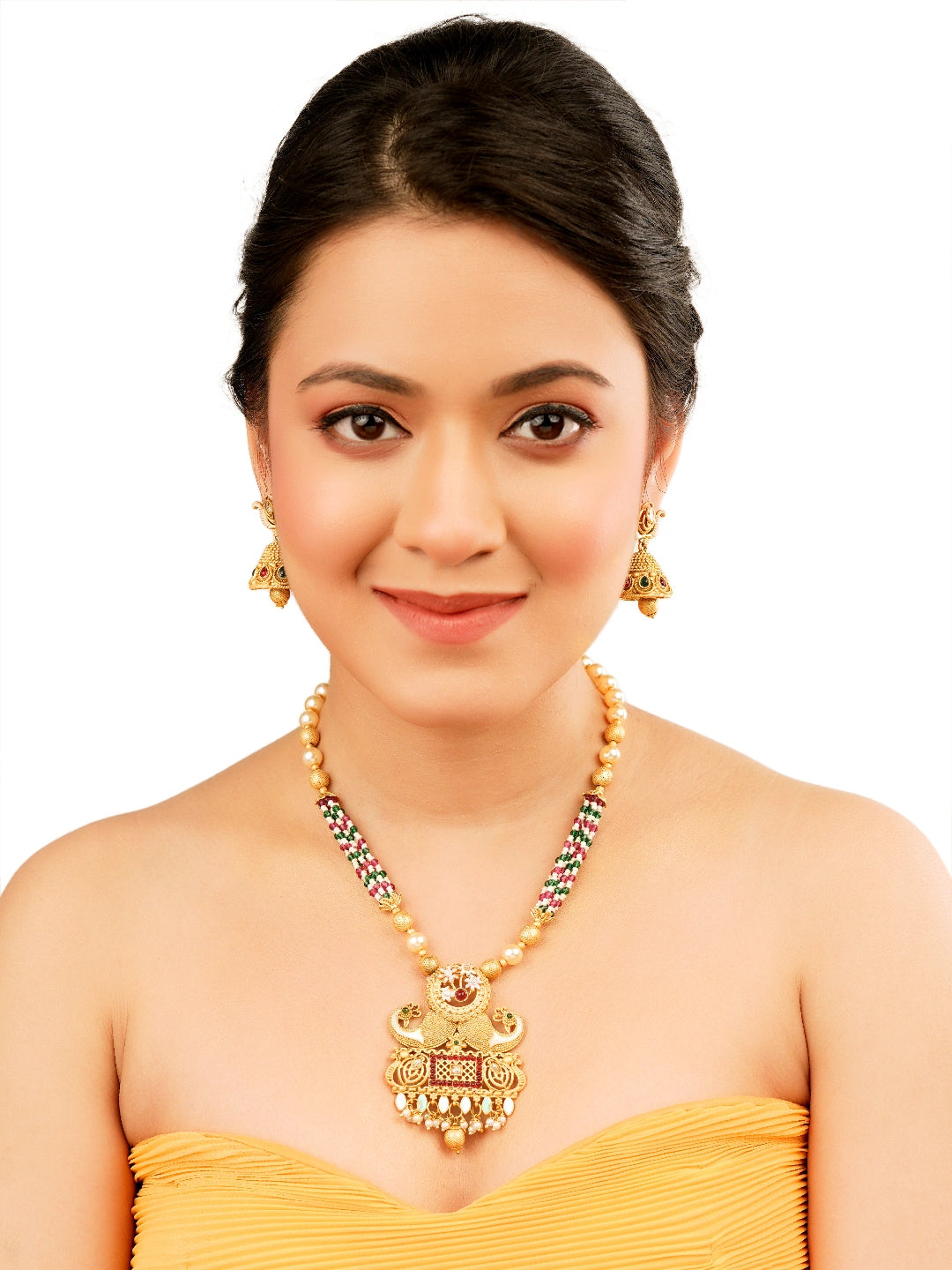 Rajwadi Gold Plated Peacock Pearl Long Necklace Set
