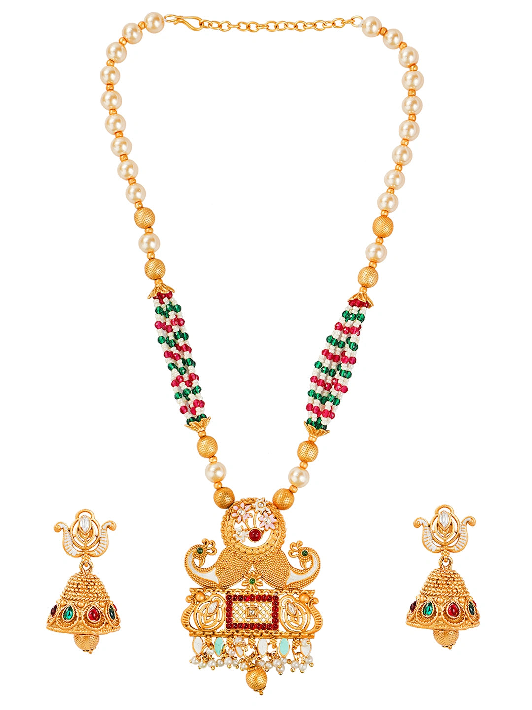 Rajwadi Gold Plated Peacock Pearl Long Necklace Set