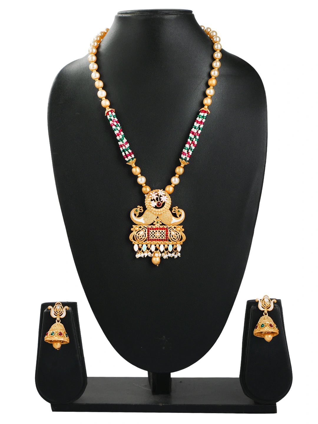 Rajwadi Gold Plated Peacock Pearl Long Necklace Set