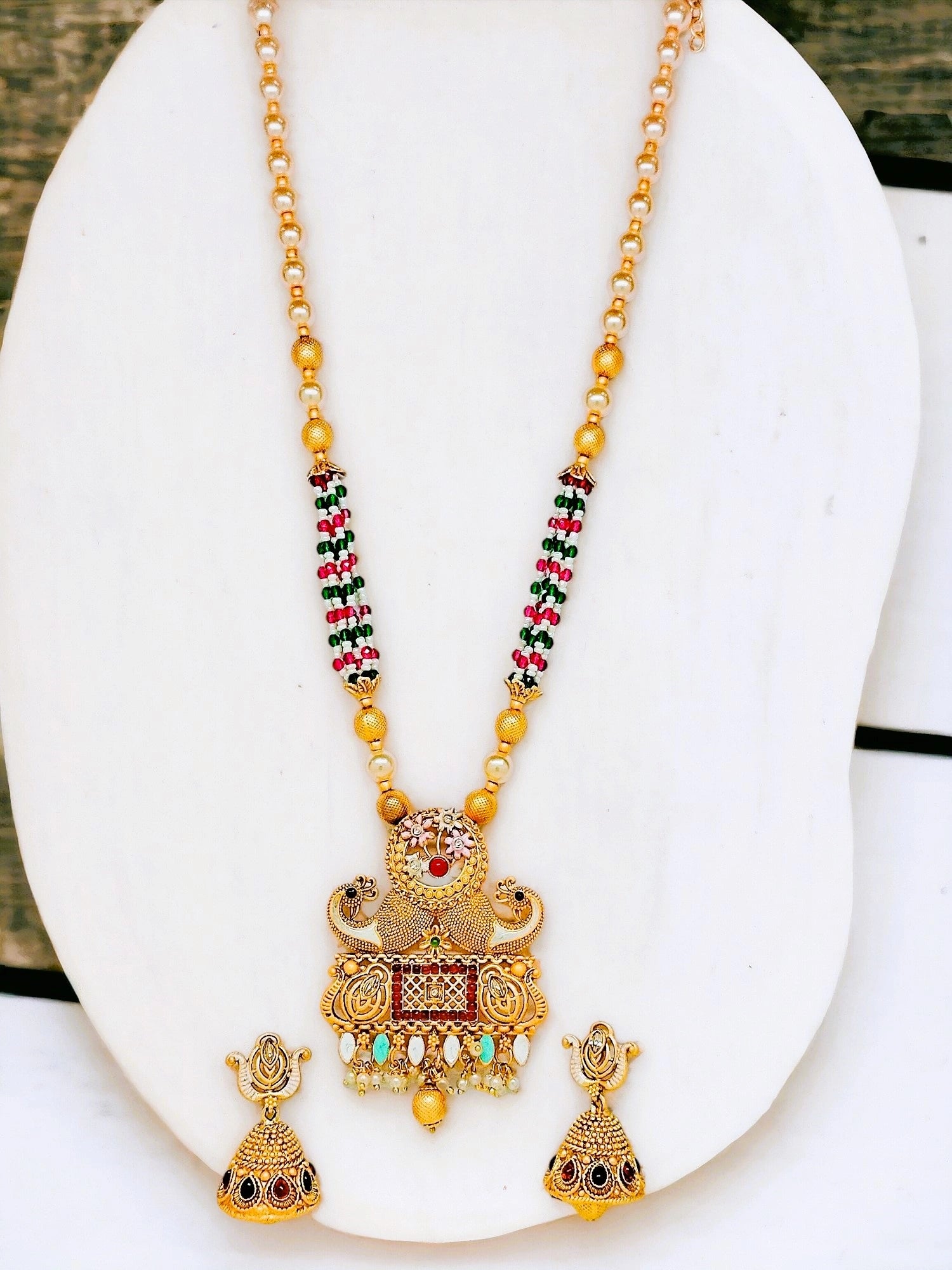Rajwadi Gold Plated Peacock Pearl Long Necklace Set