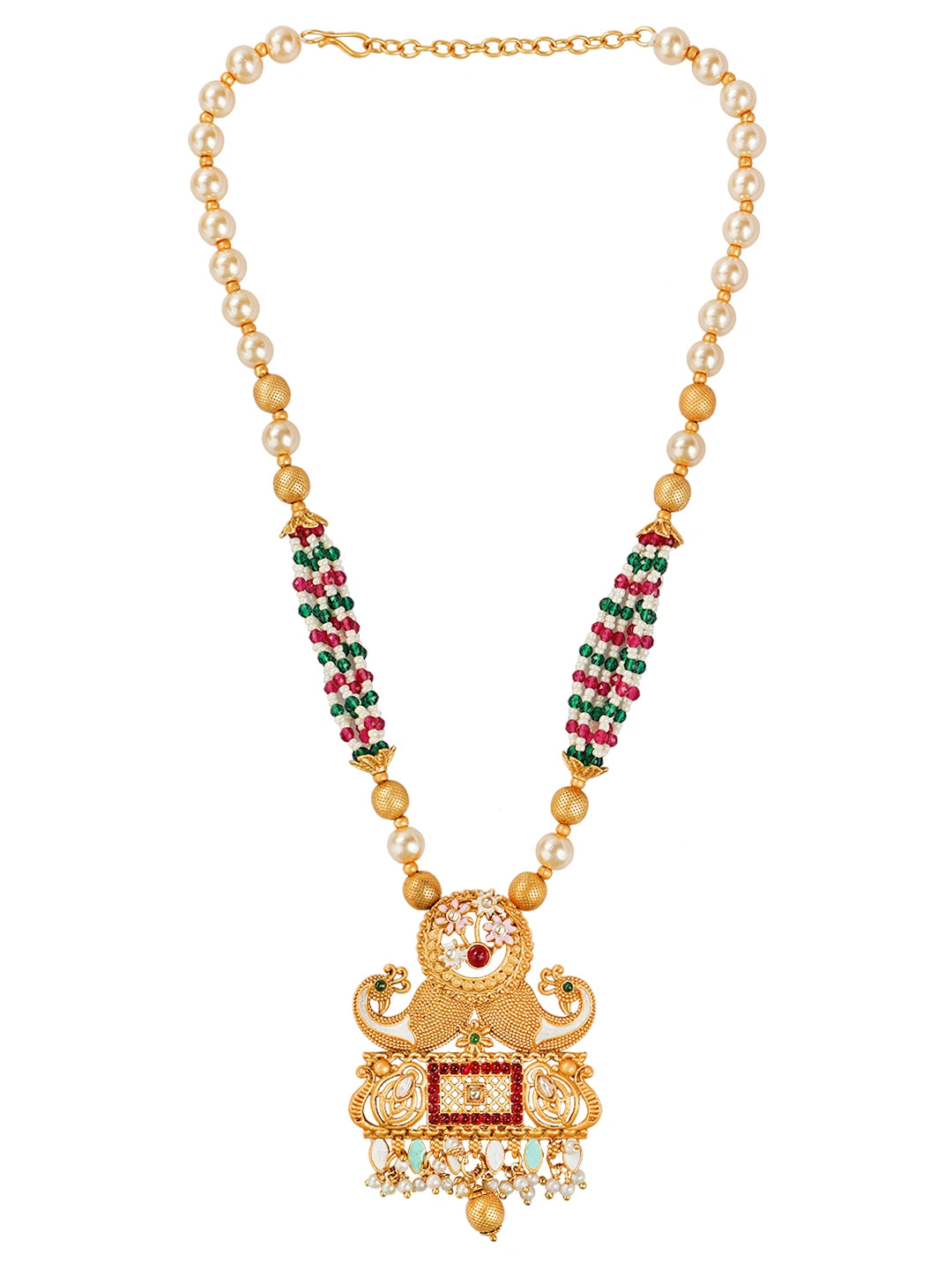 Rajwadi Gold Plated Peacock Pearl Long Necklace Set