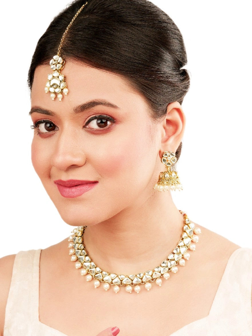 Kundan Pearl Gold Plated Necklace Set With Tikka