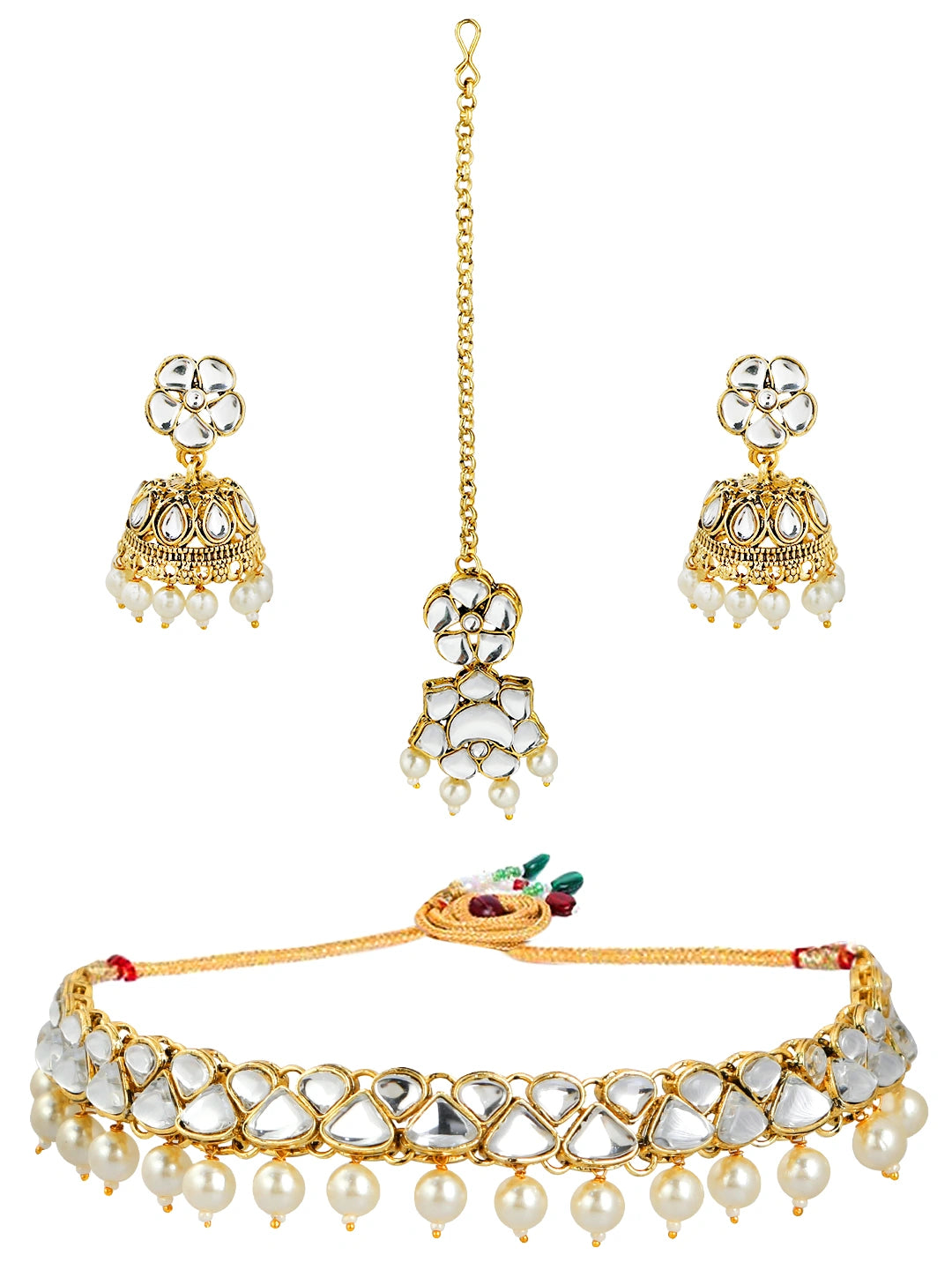 Kundan Pearl Gold Plated Necklace Set With Tikka