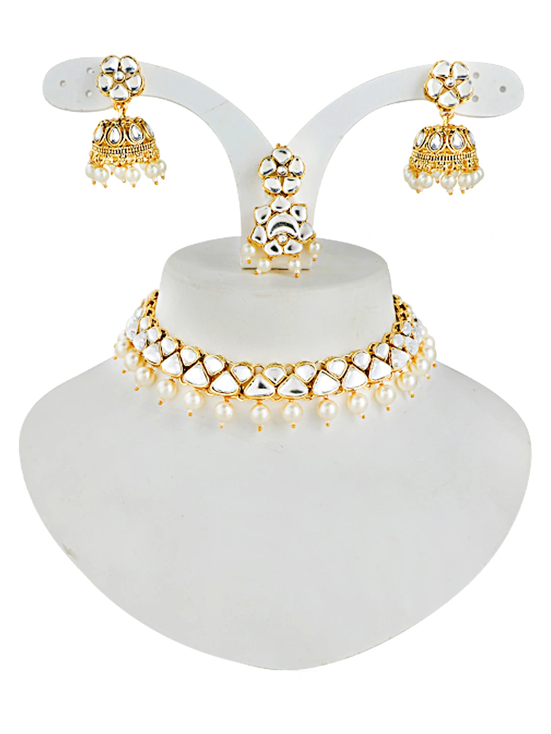 Kundan Pearl Gold Plated Necklace Set With Tikka