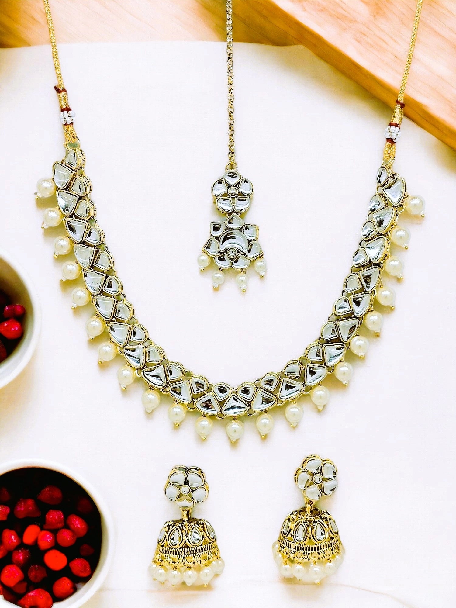 Kundan Pearl Gold Plated Necklace Set With Tikka