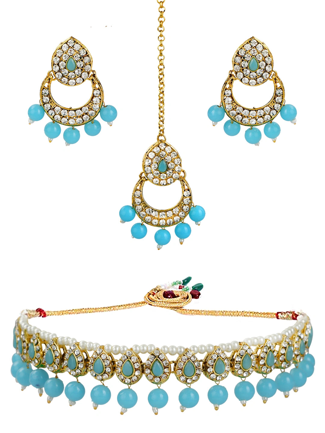 Gold Plated Sky Blue Beads Choker Neckalce Set