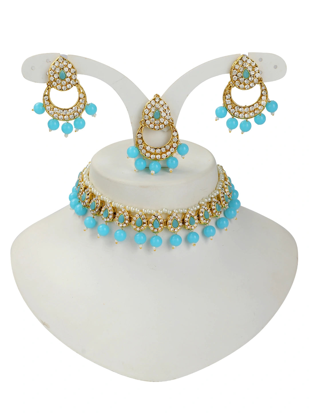 Gold Plated Sky Blue Beads Choker Neckalce Set