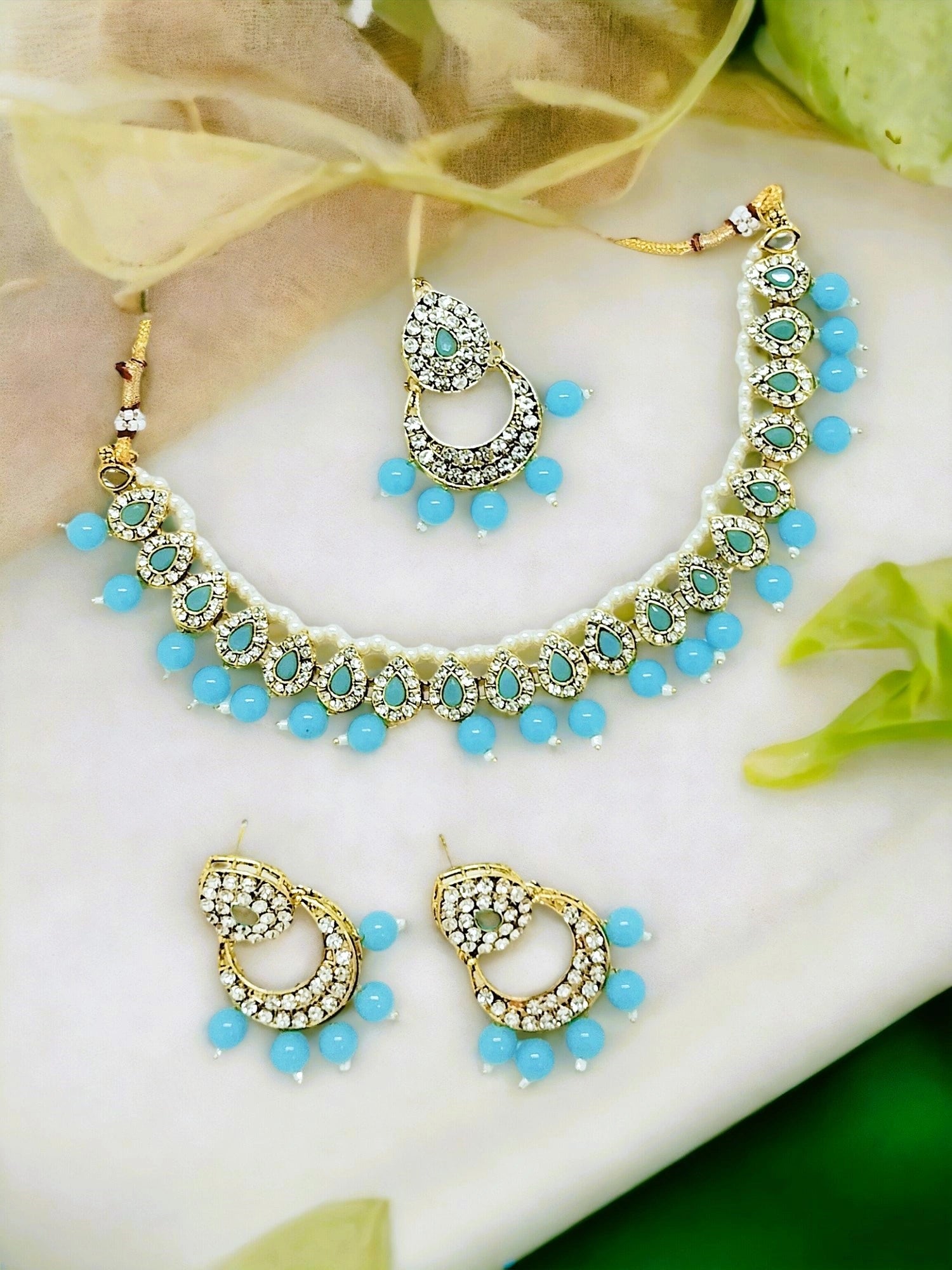 Gold Plated Sky Blue Beads Choker Neckalce Set
