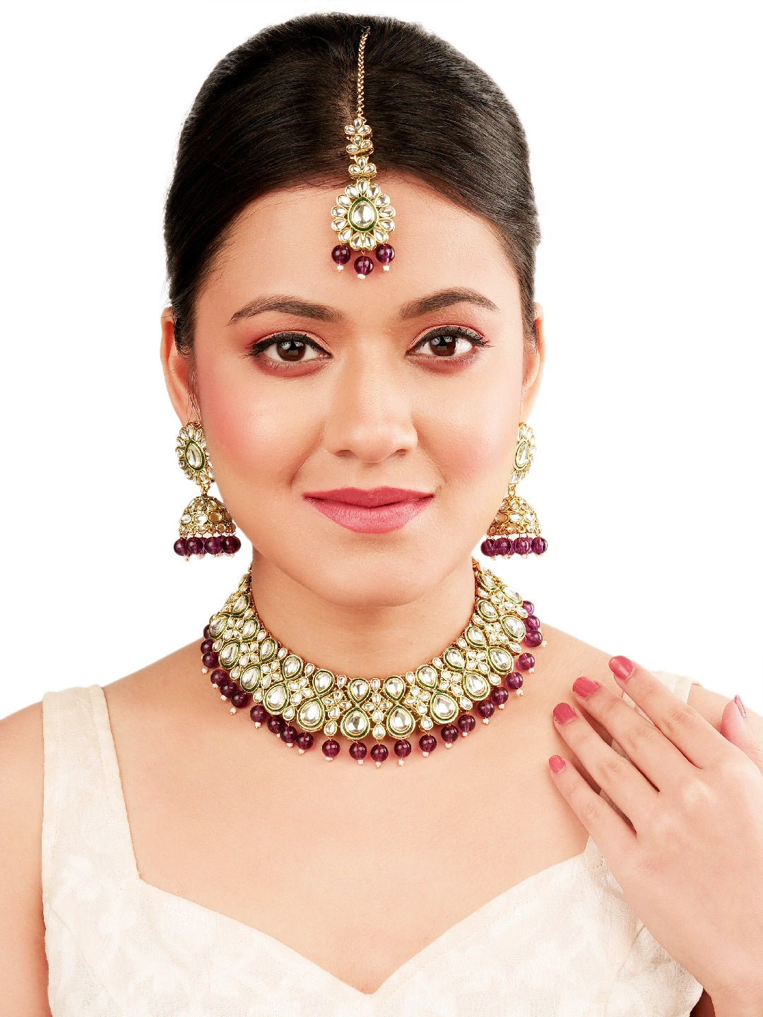 Gold Plated Purple Kundan Beads Choker Neckalce Set