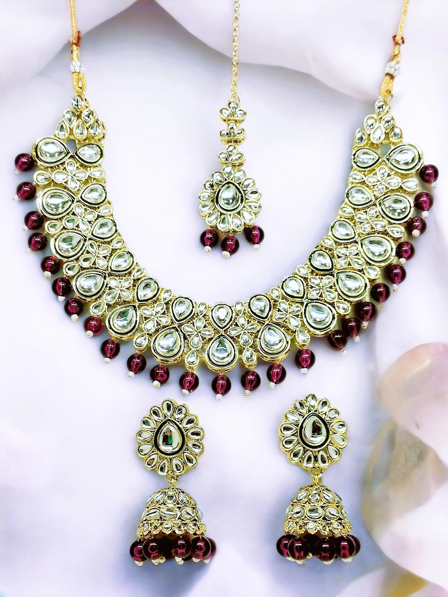 Gold Plated Purple Kundan Beads Choker Neckalce Set