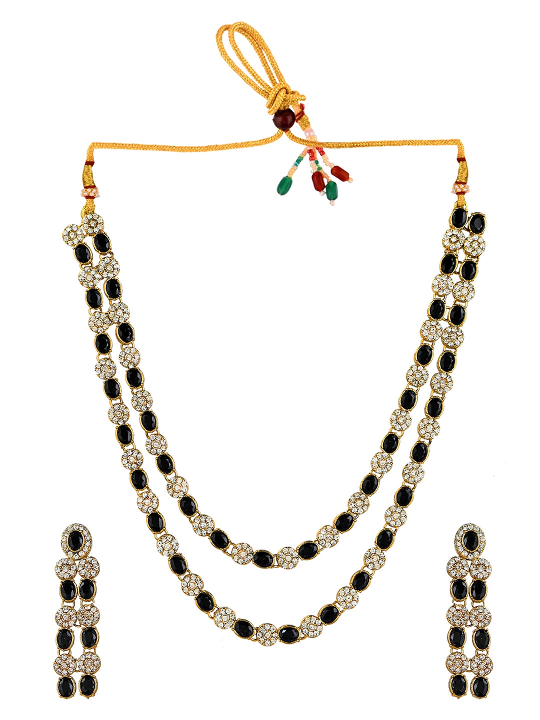 Gold Plated Double Line Black Cz Stone Necklace Set