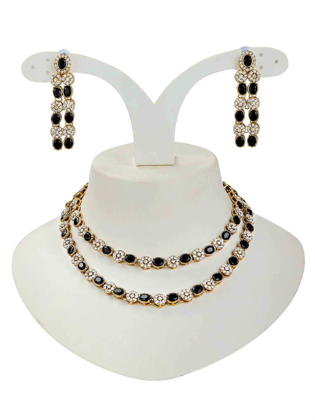 Gold Plated Double Line Black Cz Stone Necklace Set