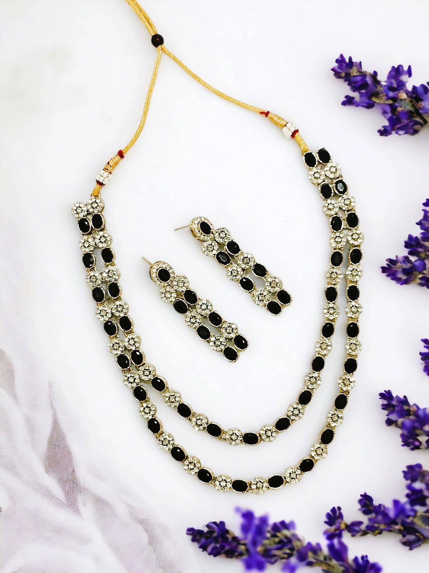 Gold Plated Double Line Black Cz Stone Necklace Set