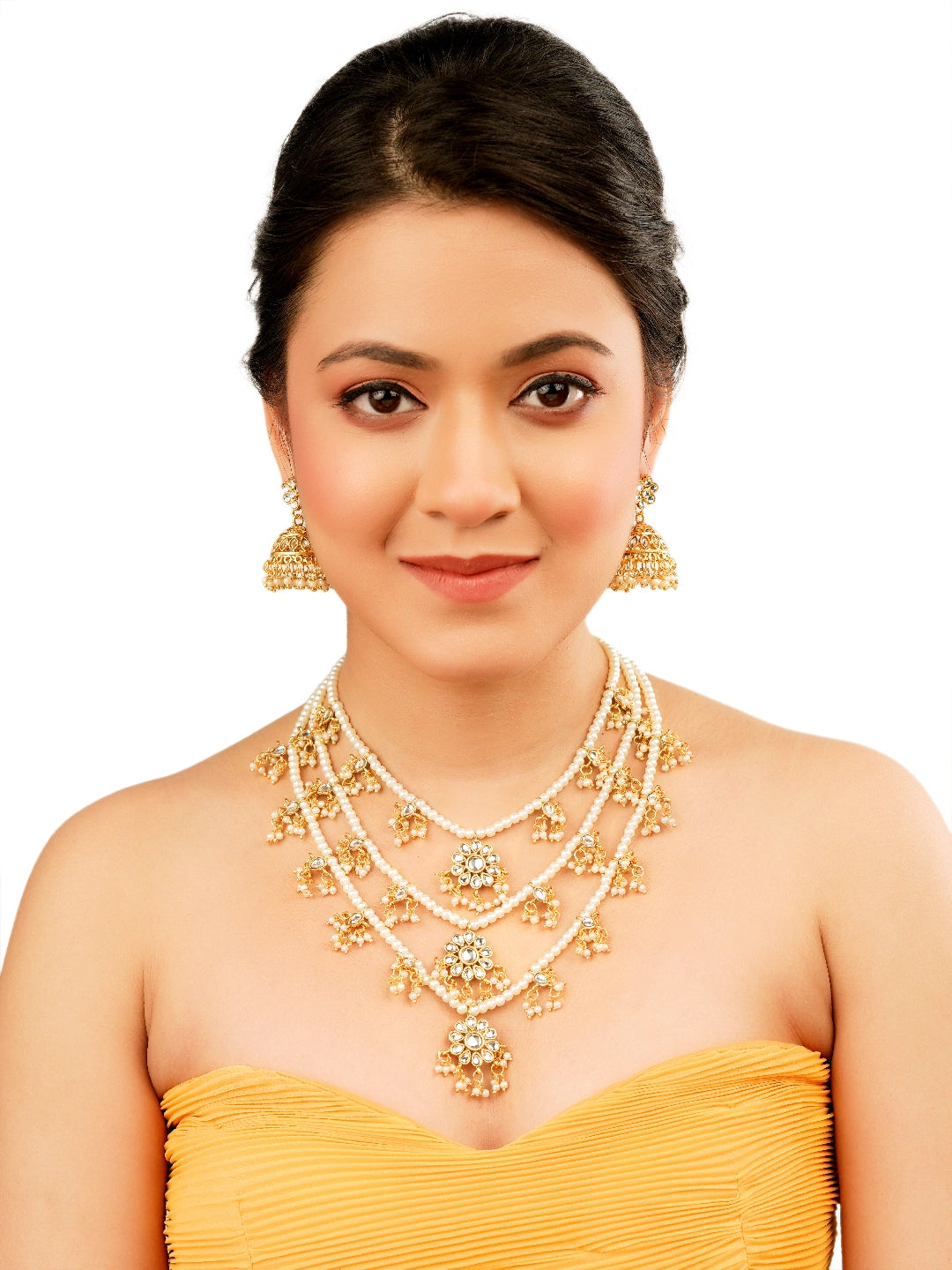Gold Plated Multi Layered Kundan Pearl Long Necklace Set