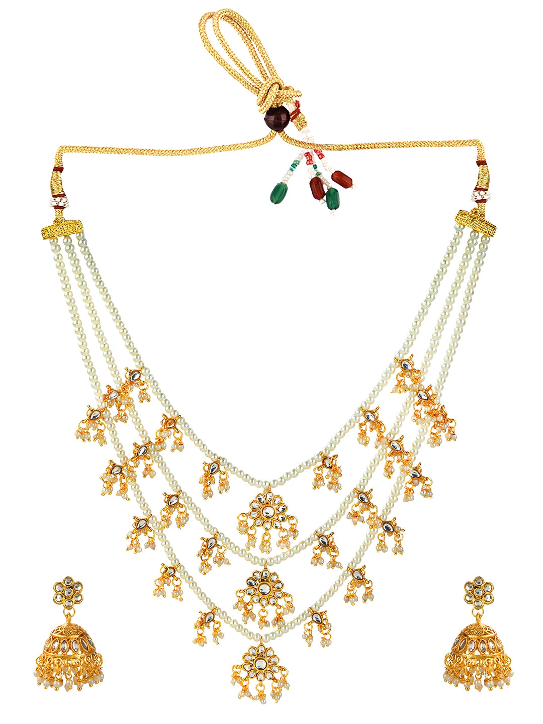 Gold Plated Multi Layered Kundan Pearl Long Necklace Set