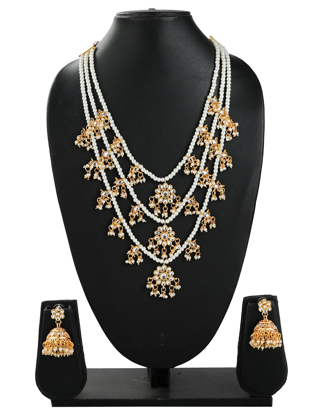 Gold Plated Multi Layered Kundan Pearl Long Necklace Set