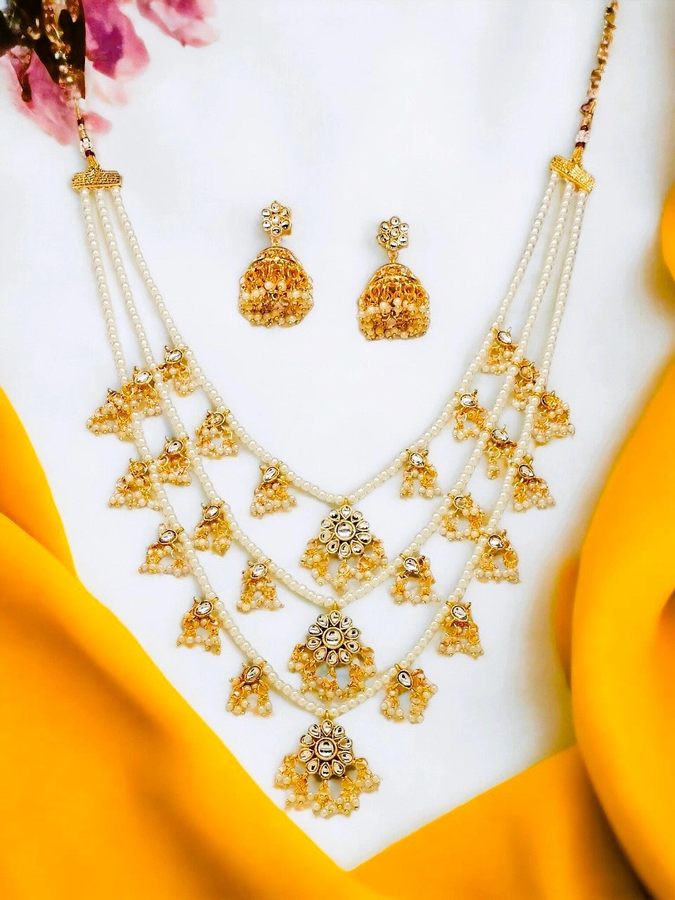 Gold Plated Multi Layered Kundan Pearl Long Necklace Set