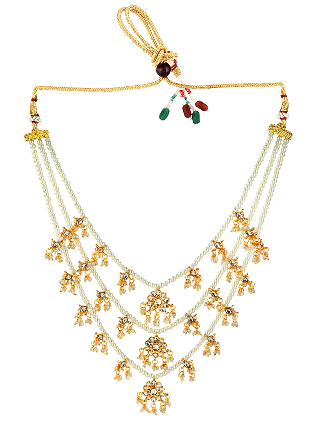 Gold Plated Multi Layered Kundan Pearl Long Necklace Set