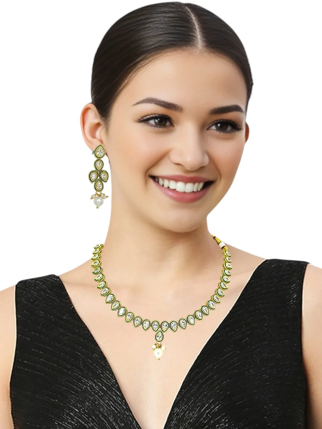 Gold-Plated Drop Shaped Kundan Studded Jewellery Set