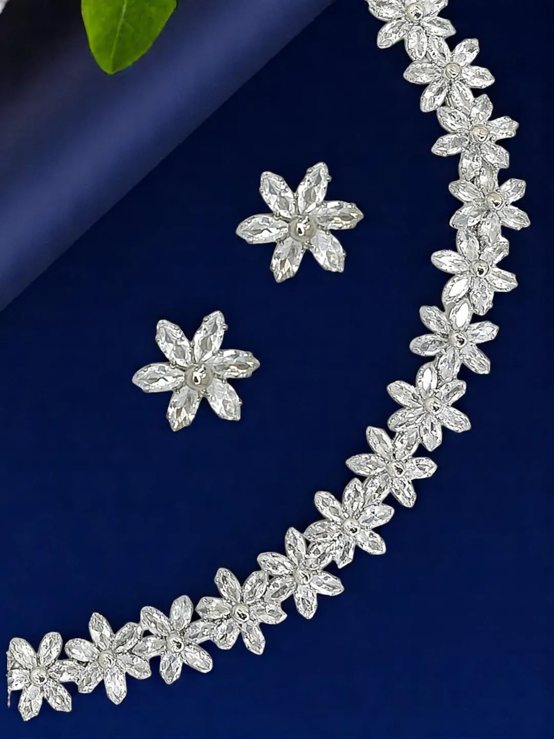 Silver-Plated Cubic Zirconia Studded Floral Jewellery Set