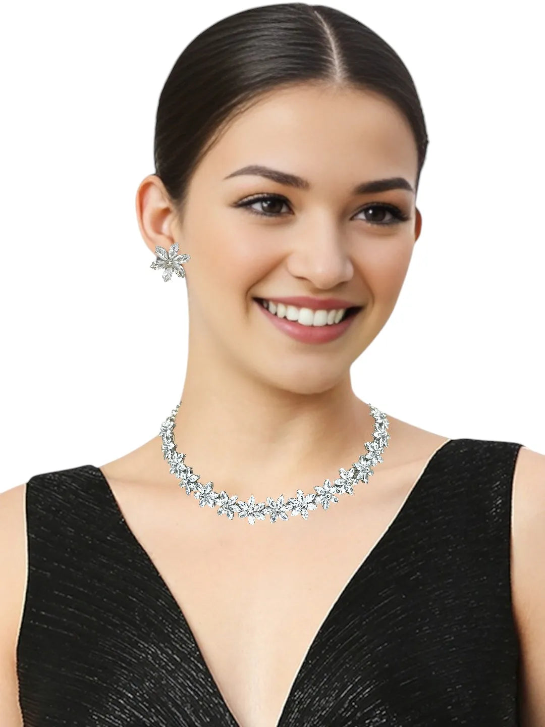 Silver-Plated Cubic Zirconia Studded Floral Jewellery Set