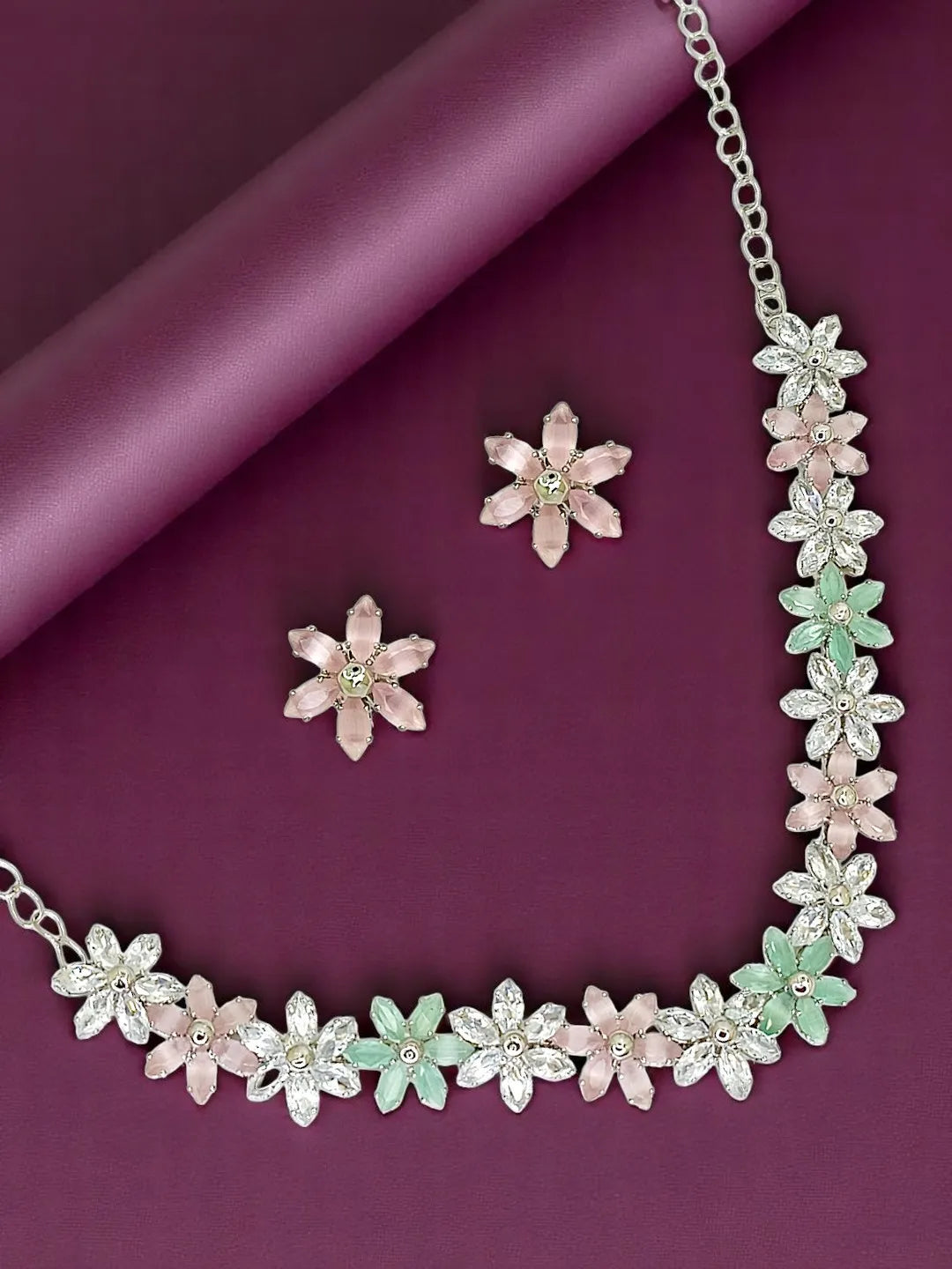 Silver-Plated AD Studded Flower Design Jewellery Set