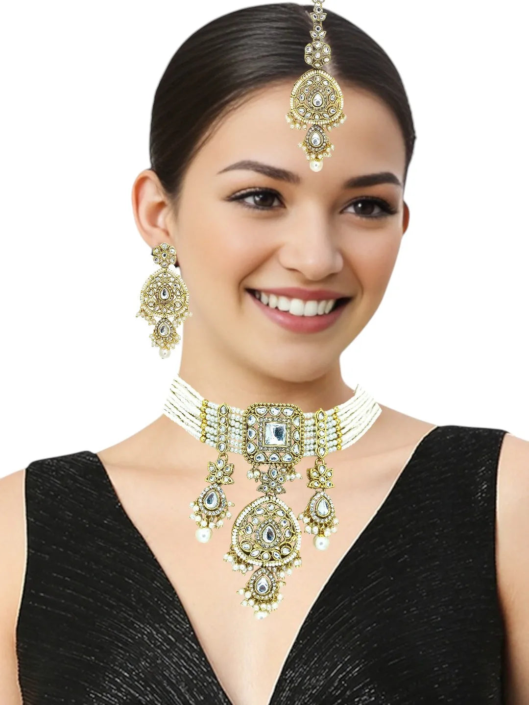Gold-Plated Chokar Style Kundan Studded Jewellery Set