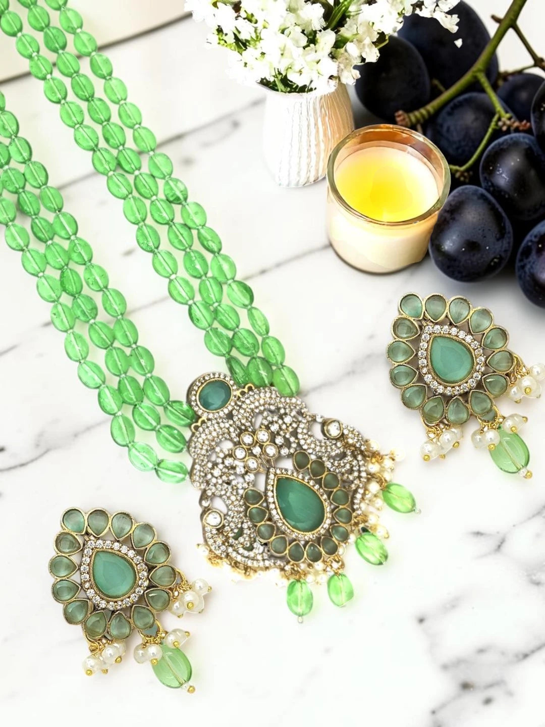 Gold Plated Mint Green Victorian Long Necklace Set