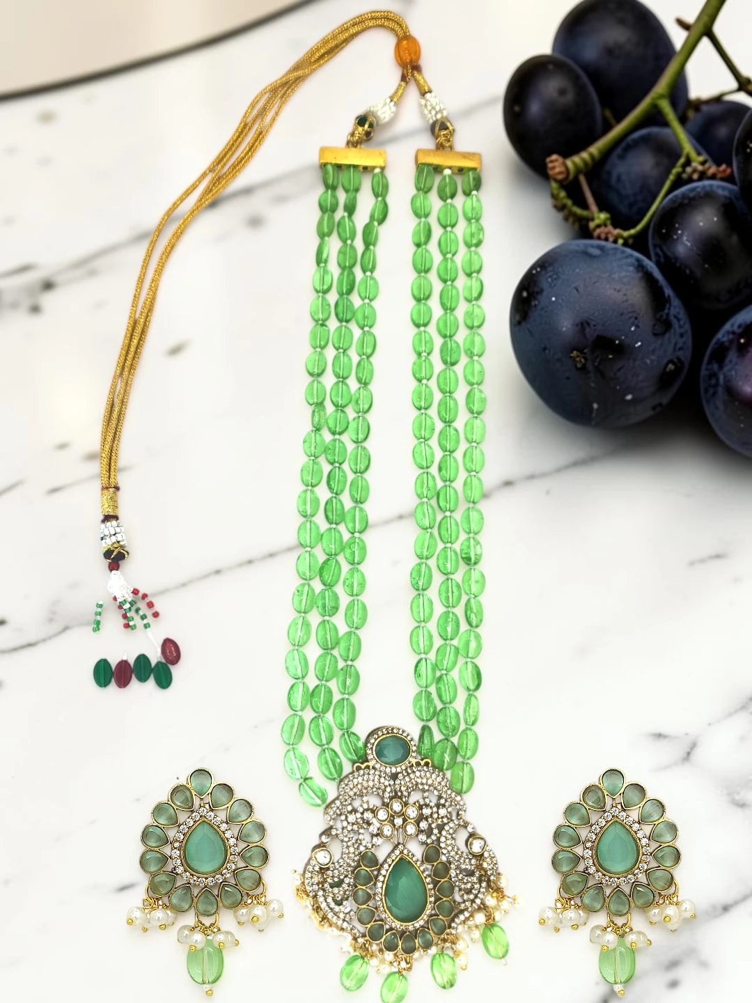 Gold Plated Mint Green Victorian Long Necklace Set